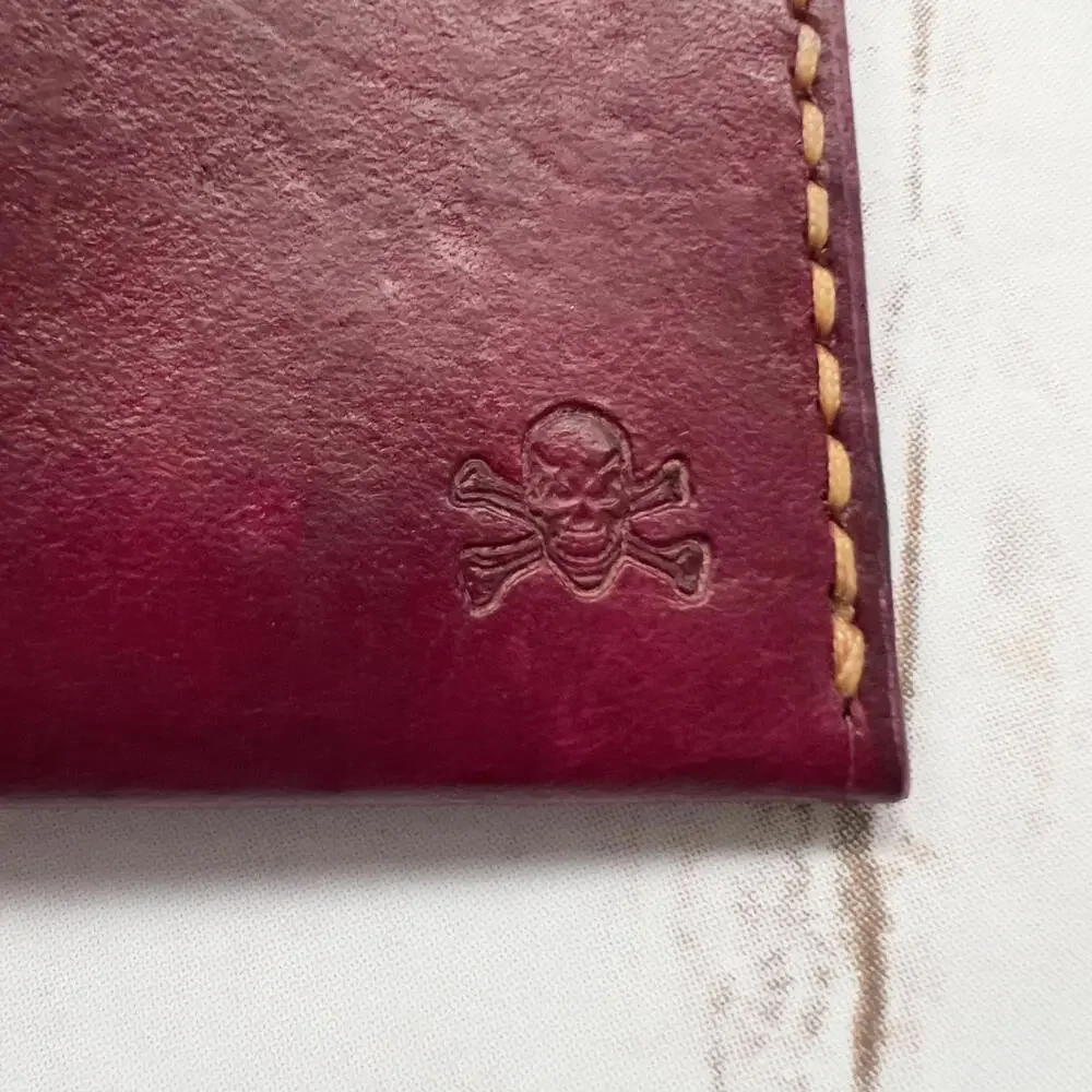 Burgundy Leather‎ Card Holder with Skull Embossed Detail